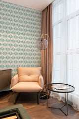 Victorian-style wallpaper with intricate floral patterns in soft green and white tones, complementing the traditional room decor.