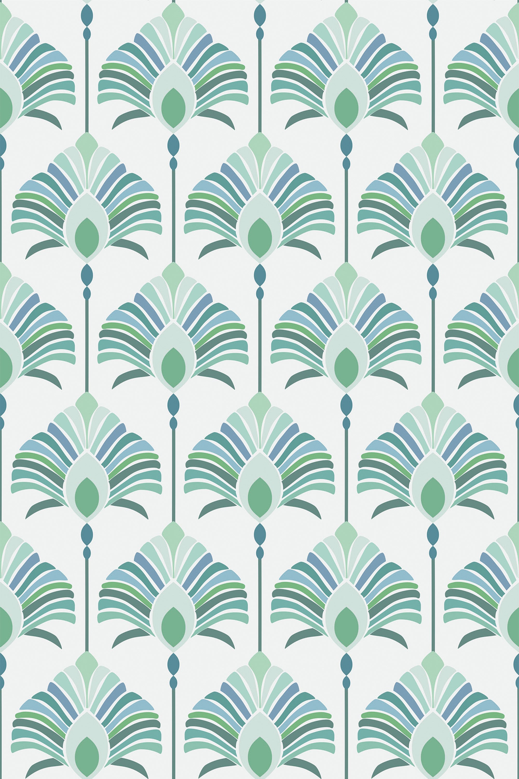 A repeating pattern of stylized fan-shaped designs with peacock feather motifs in shades of green and blue on a light background, creating an elegant and vintage Victorian aesthetic. Peel and stick removable wallpaper.