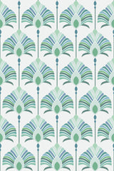 A repeating pattern of stylized fan-shaped designs with peacock feather motifs in shades of green and blue on a light background, creating an elegant and vintage Victorian aesthetic. Peel and stick removable wallpaper.