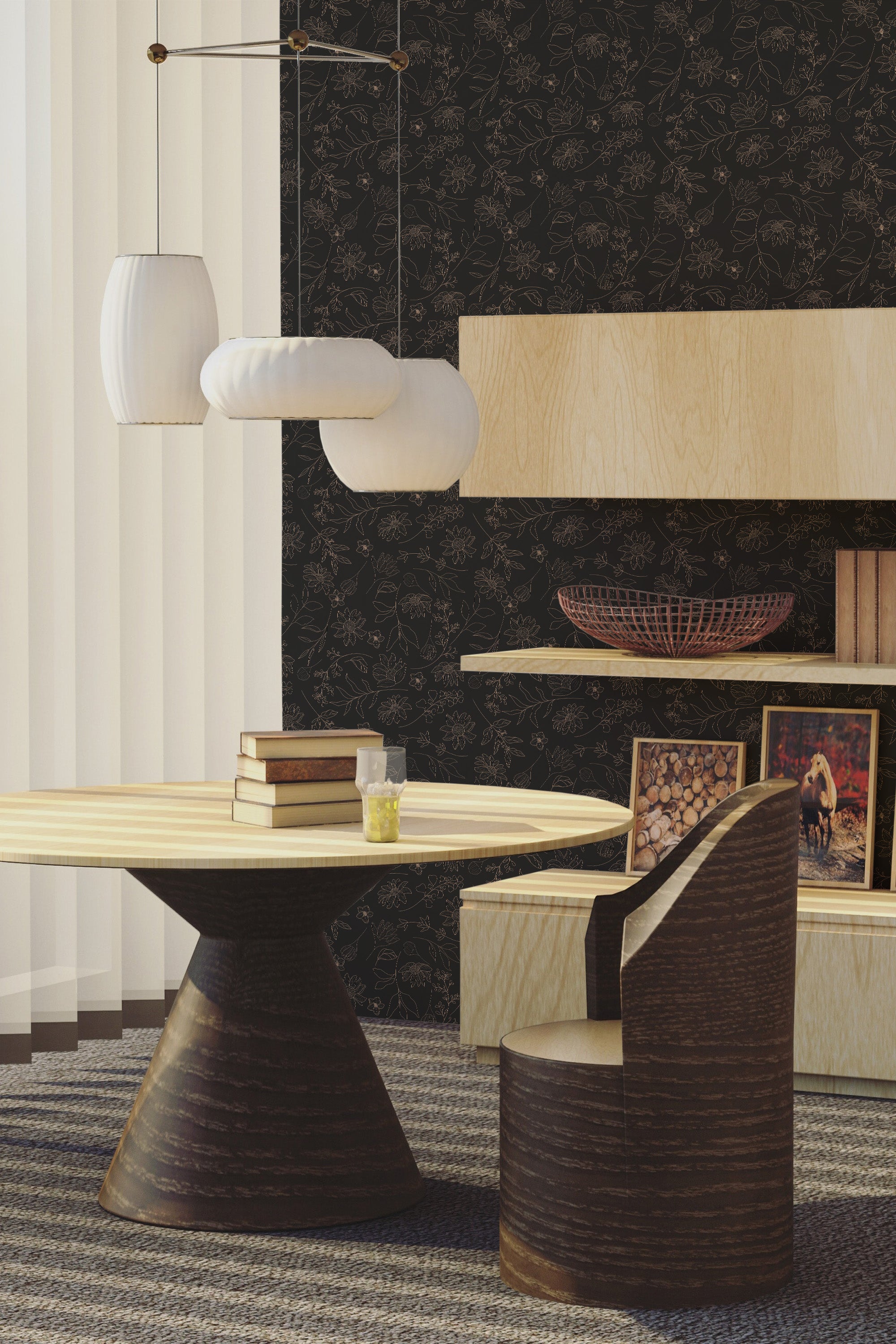 Dark floral night wallpaper adorned with intricate floral patterns in muted tones against a black background, creating a dramatic and elegant atmosphere for a traditional wallpaper.