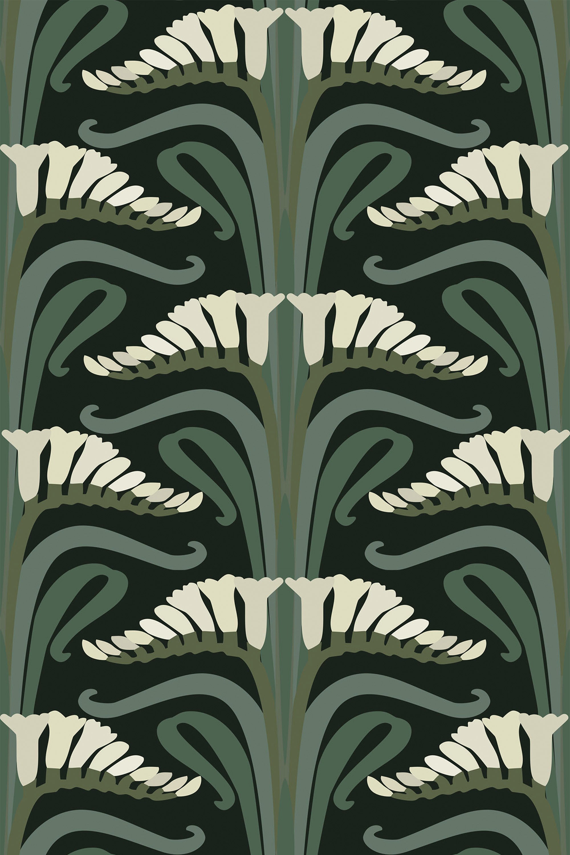 Flowing organic patterns in a repeating motif with stylized art nouveau floral elements, featuring elegant curves and green tones on a dark background. Peel and stick removable wallpaper.