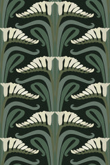 Flowing organic patterns in a repeating motif with stylized art nouveau floral elements, featuring elegant curves and green tones on a dark background. Peel and stick removable wallpaper.