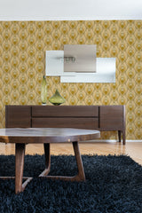 Yellow retro floral wallpaper with a repeating pattern of stylized yellow flowers and green leaves against a light mustard background, creating a vintage look reminiscent of mid-century design. Traditional wallpaper.