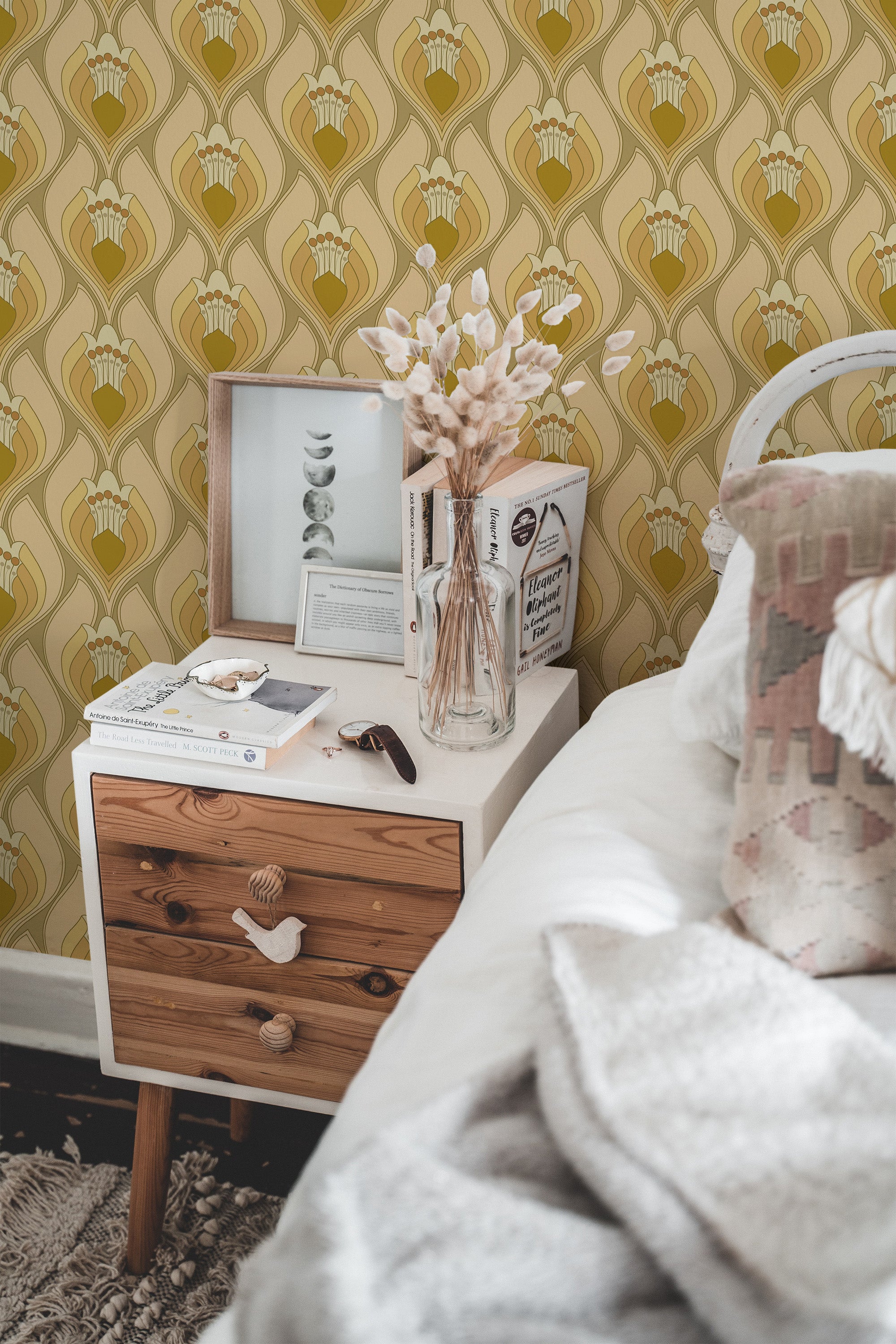 Self-adhesive yellow retro floral wallpaper with an intricate pattern of stylized flowers in tones of yellow, cream, and olive, adding a vintage feel to the room.