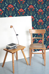 Self-adhesive Art Nouveau tulip wallpaper with vibrant red tulips and green leaves arranged in an elegant, symmetrical pattern on a deep blue background.