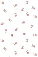 Small pink roses with green leaves scattered on a white background, peel and stick removable wallpaper.