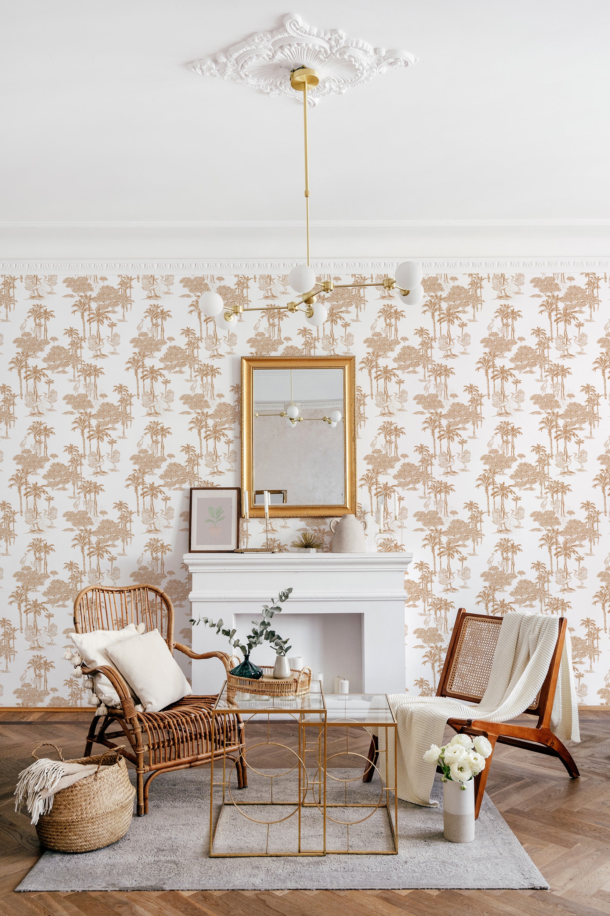 Self-adhesive wallpaper with a tonal tree pattern in warm desert hues, adding a subtle blend of nature-inspired elegance to the room.