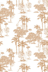Toile wallpaper with a pattern of palm trees, herons, and flamingos in sepia tone on a white background, peel and stick removable wallpaper.