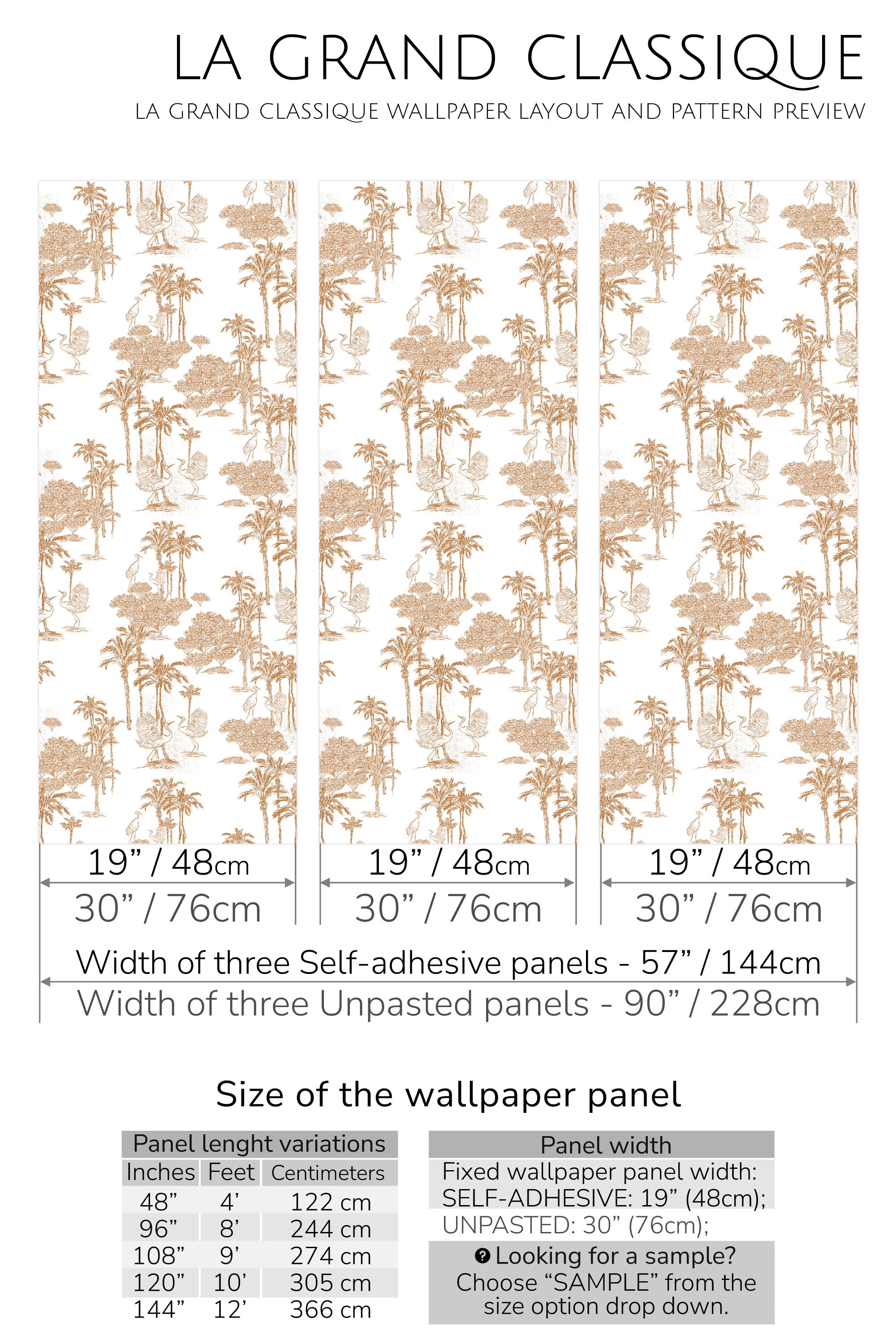 A room with wallpaper that has a 'Dessert' design with intricate golden-brown palm trees and a soft white background. Traditional wallpaper.