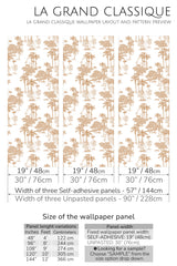 A room with wallpaper that has a 'Dessert' design with intricate golden-brown palm trees and a soft white background. Traditional wallpaper.