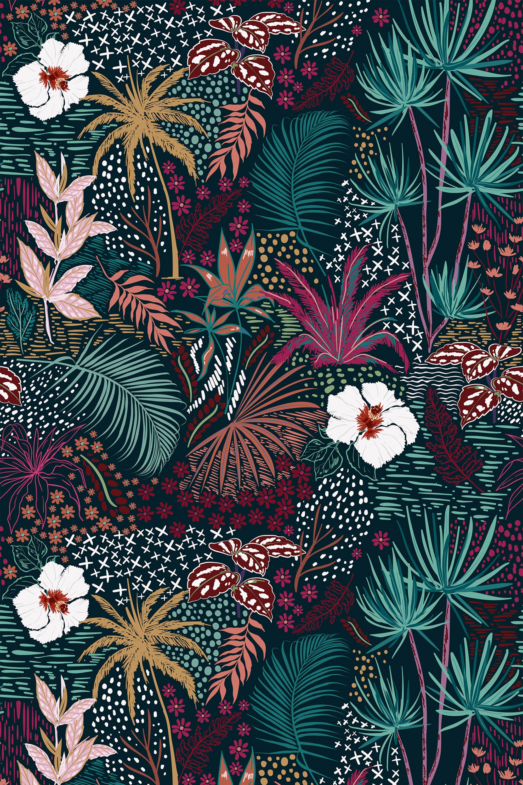An intricate design of tropical leaves, palm trees, and exotic flowers in rich hues of green, gold, pink, white, and red against a deep, dark background. Butterflies, small dots, and abstract patterns add depth and complexity to the dense forest theme. Peel and stick removable wallpaper.