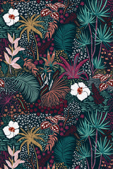 An intricate design of tropical leaves, palm trees, and exotic flowers in rich hues of green, gold, pink, white, and red against a deep, dark background. Butterflies, small dots, and abstract patterns add depth and complexity to the dense forest theme. Peel and stick removable wallpaper.