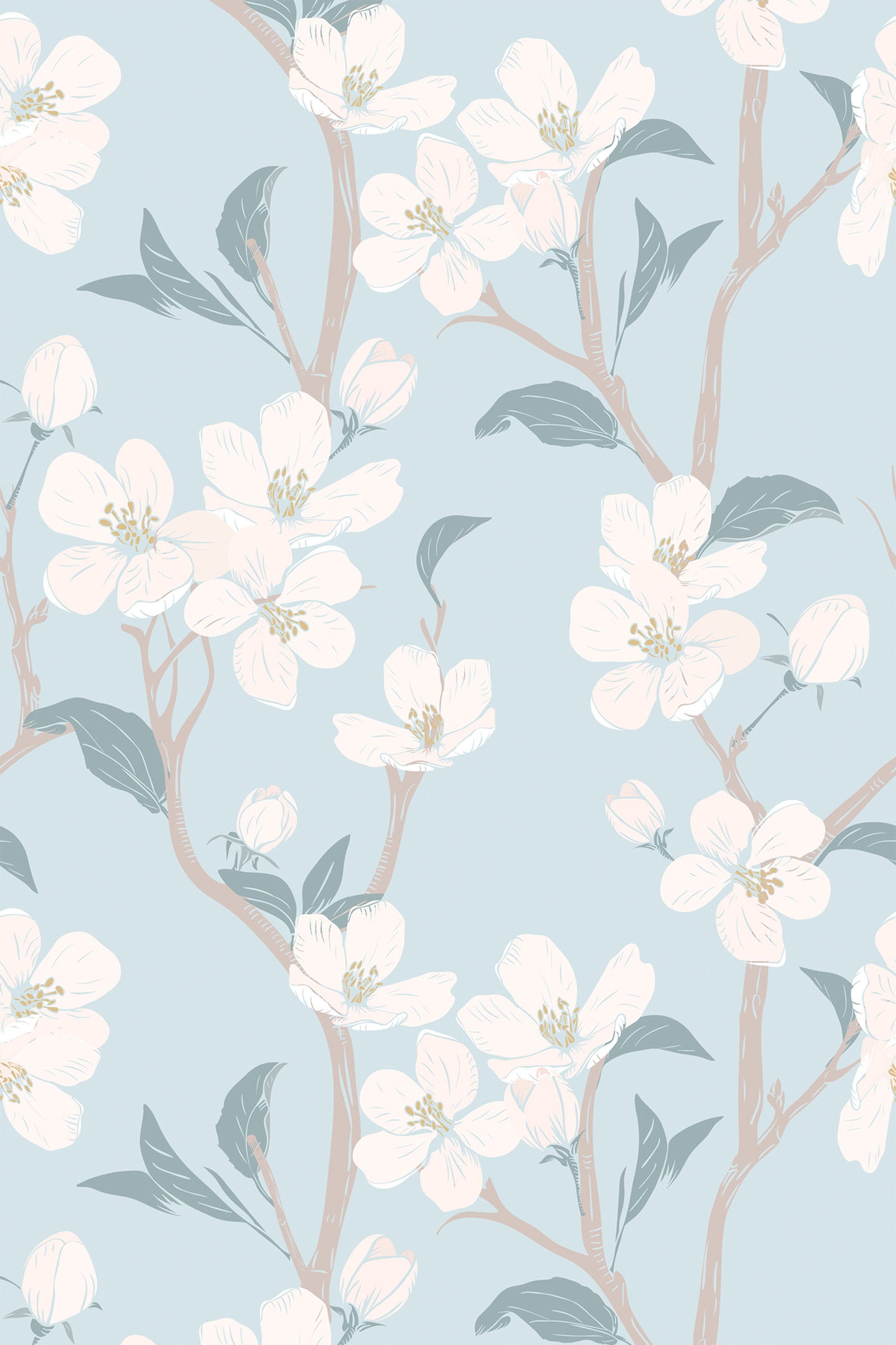 Delicate white blossoms and pale green leaves on slender branches set against a soft blue background, creating an elegant and serene atmosphere. Peel and stick removable wallpaper.