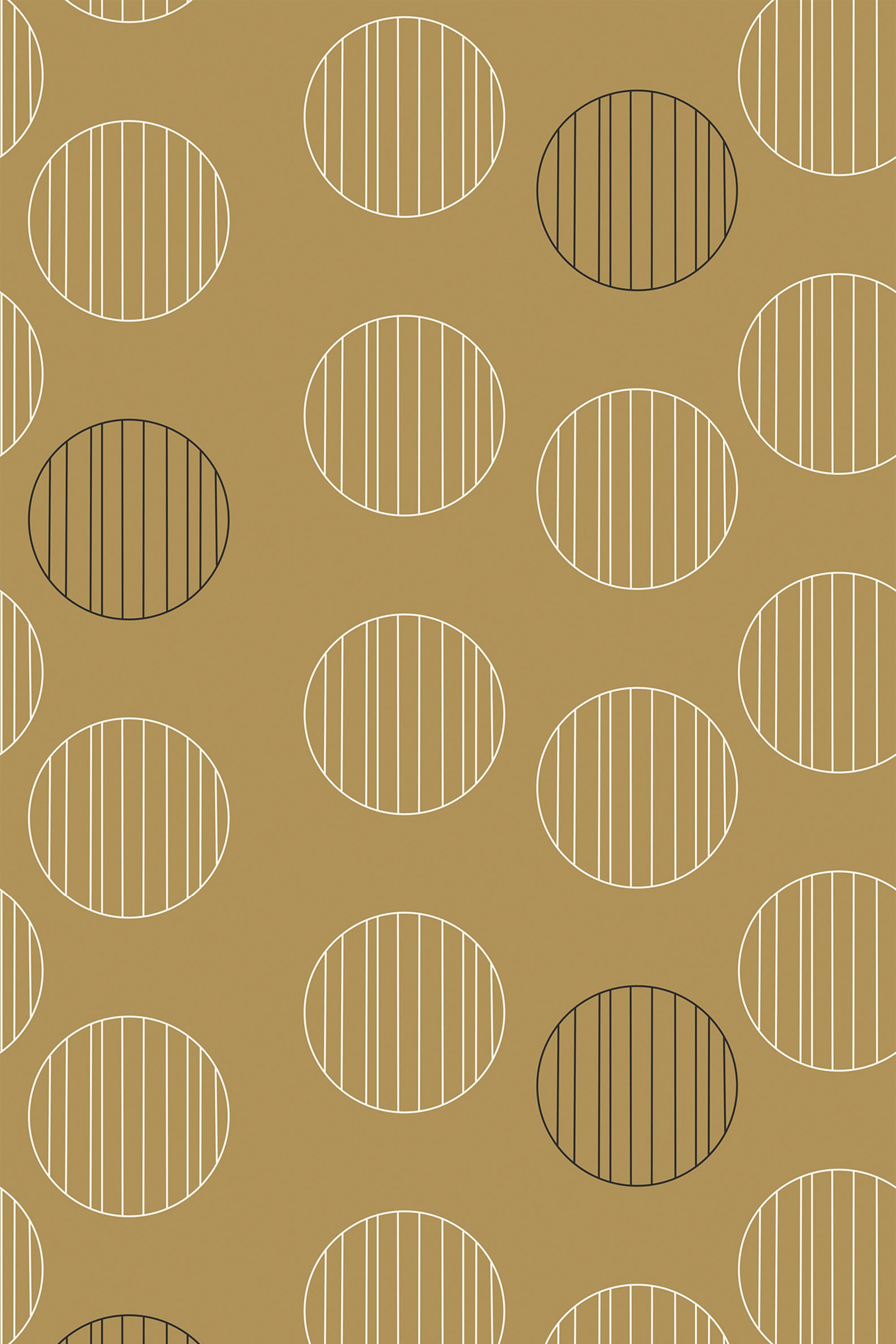 An alternating pattern of circular shapes with vertical lines inside on a mustard background, with circles in black and white. Peel and stick removable wallpaper.