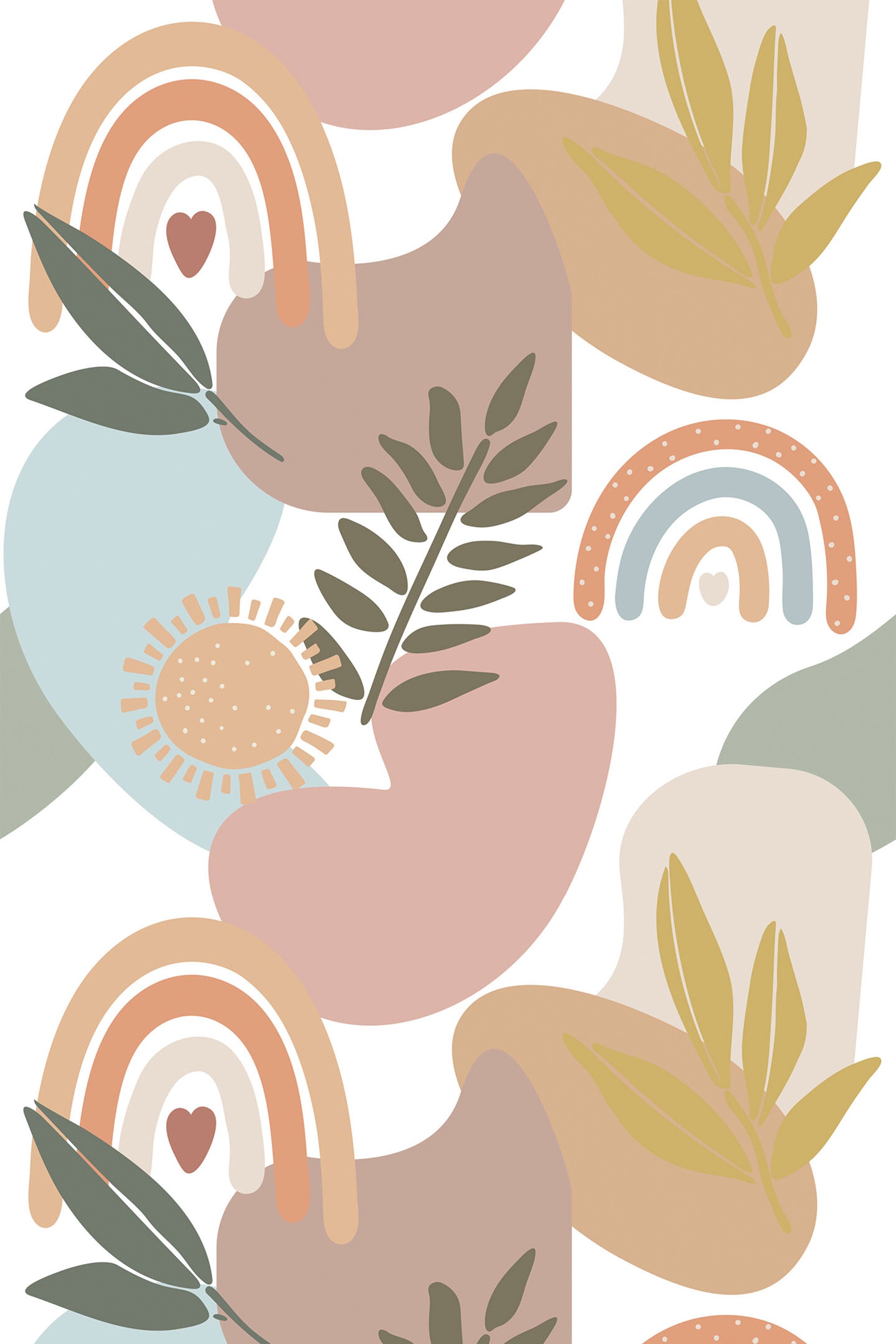 A large boho wallpaper with a design featuring pastel rainbows, abstract shapes in muted tones, and simple botanical elements. The style is earthy and modern with a mix of brown, beige, green, and peach hues. Peel and stick removable wallpaper.