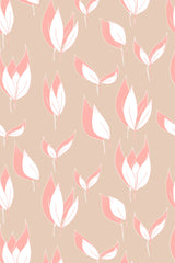 A seamless pattern with simple, delicate pink and white leaves on a soft beige background, peel and stick removable wallpaper.