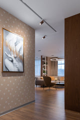 Wallpaper with a delicate floral pattern, small white flowers evenly distributed on a neutral beige background,raditional wallpaper.
