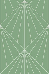 Green wallpaper with an Art Deco-inspired geometric pattern of overlapping triangles formed by thin white lines. Peel and stick removable wallpaper.