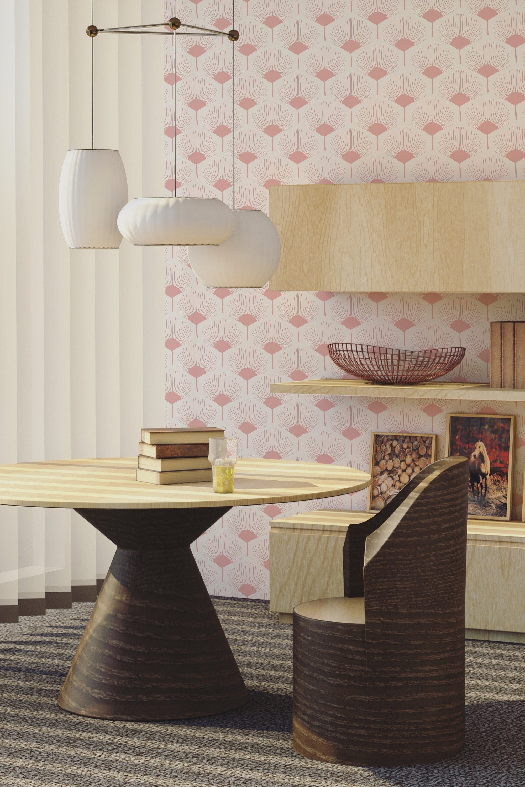 A room with wallpaper in a pattern of pink abstract flower shapes, set against a light background and combines with contemporary wooden furniture, featuring a subtle and organic design. Traditional wallpaper.