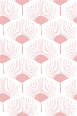 Repeating pattern of delicate, fan-shaped abstract flowers in soft pink tones on a white background, peel and stick removable wallpaper.