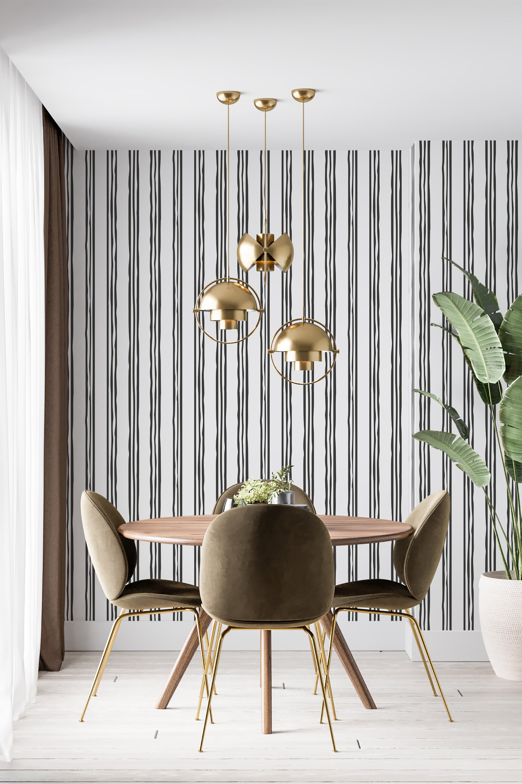 Bold striped wallpaper with alternating black and white vertical lines in a clean, symmetrical pattern, covering the entire wall behind the dining area, creating a striking contrast with neutral and gold-toned furnishings. Traditional wallpaper.