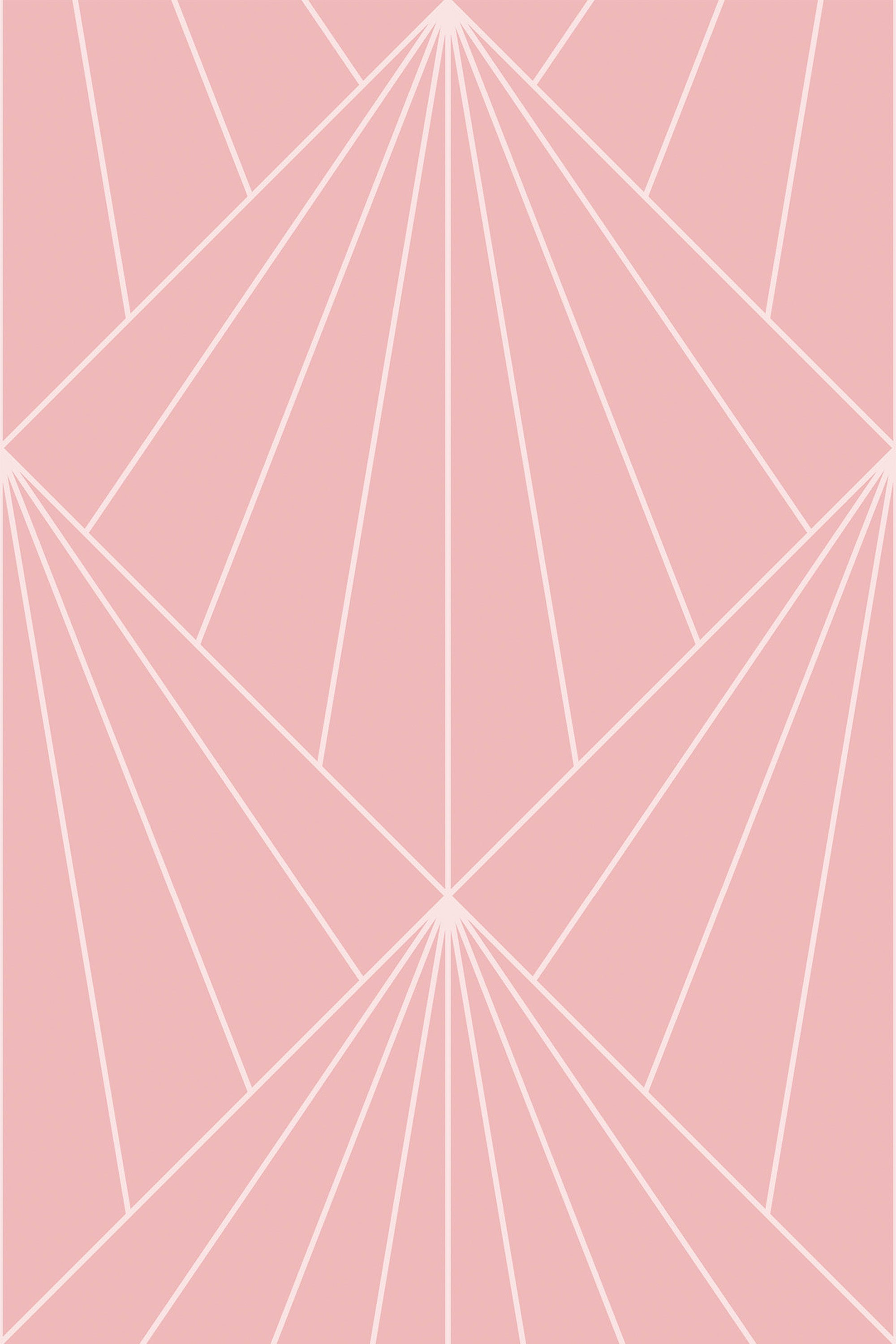 Pink art deco design with white geometric lines forming symmetrical triangular patterns, creating a modern and sophisticated look, peel and stick removable wallpaper.