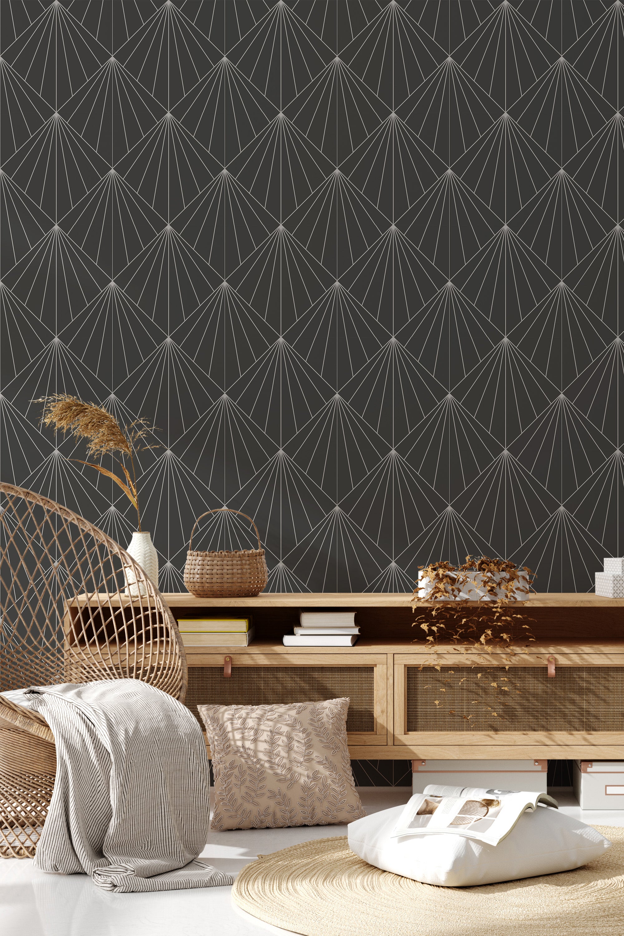Art Deco sun rays pattern with geometric, fan-like shapes creating a stylized, symmetrical design in light tones against a dark background, traditional wallpaper.