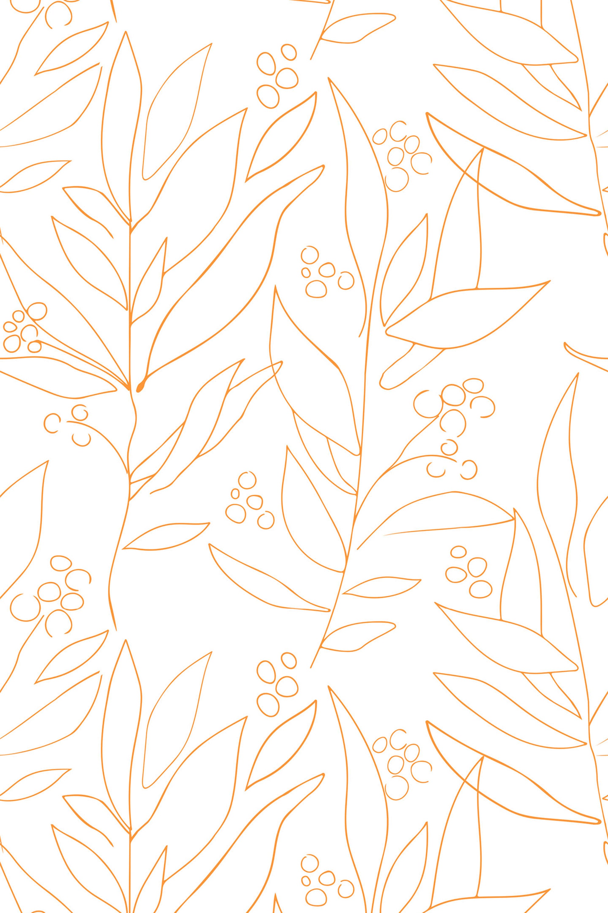 An orange outline of large, delicate floral and leafy patterns with small circular accents on a white background. Peel and stick removable wallpaper.