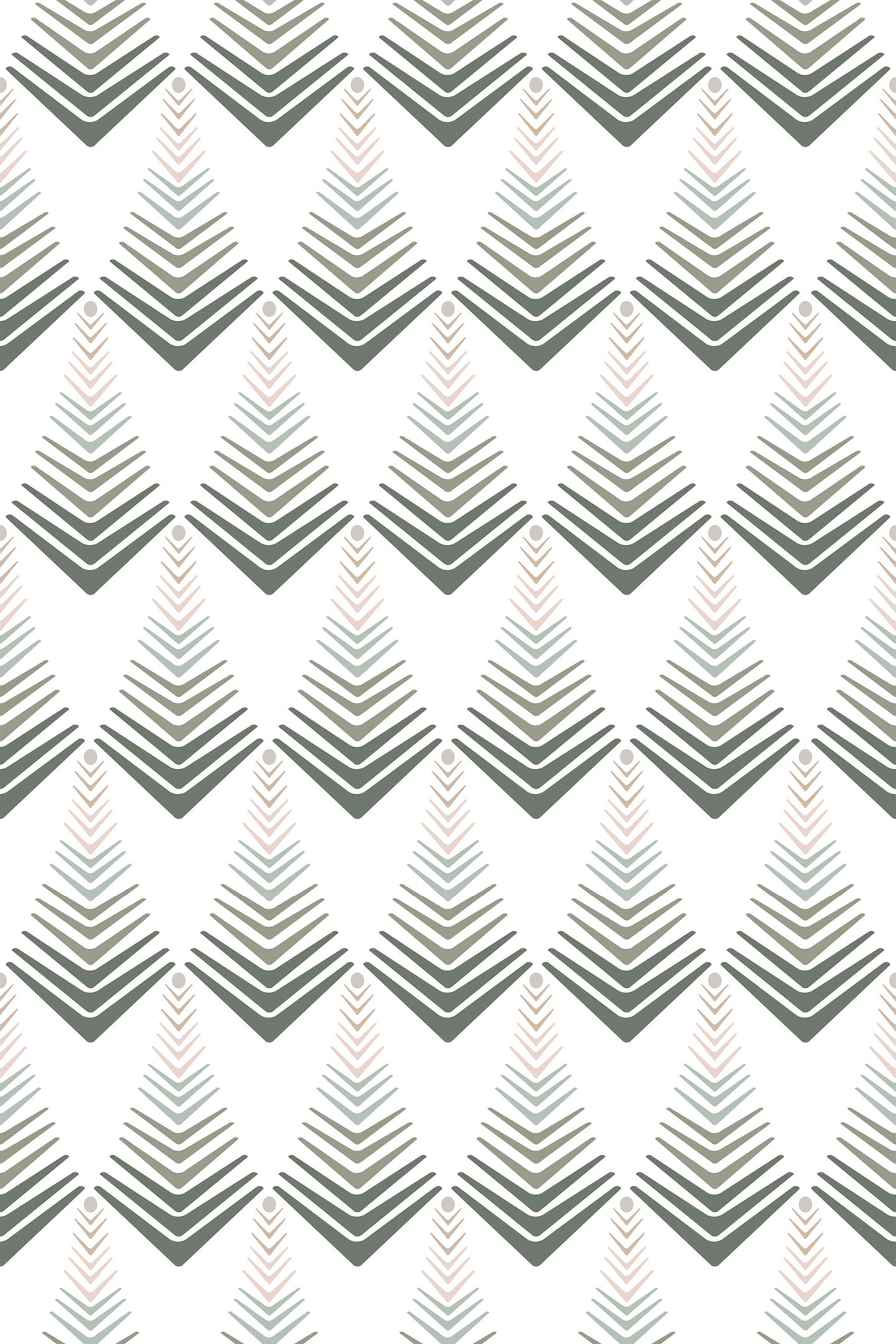 Geometric Art Deco design with overlapping triangles in shades of green, gray, and orange against a white background. Peel and stick removable wallpaper.