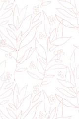 Delicate botanical pattern with large, flowing leaves and small clusters of berries in subtle pink line art on a white background. Peel and stick removable wallpaper.
