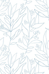 A seamless wallpaper pattern with delicate, abstract blue line drawings of large leafy branches and small clusters of berries on a white background. Peel and stick removable wallpaper.