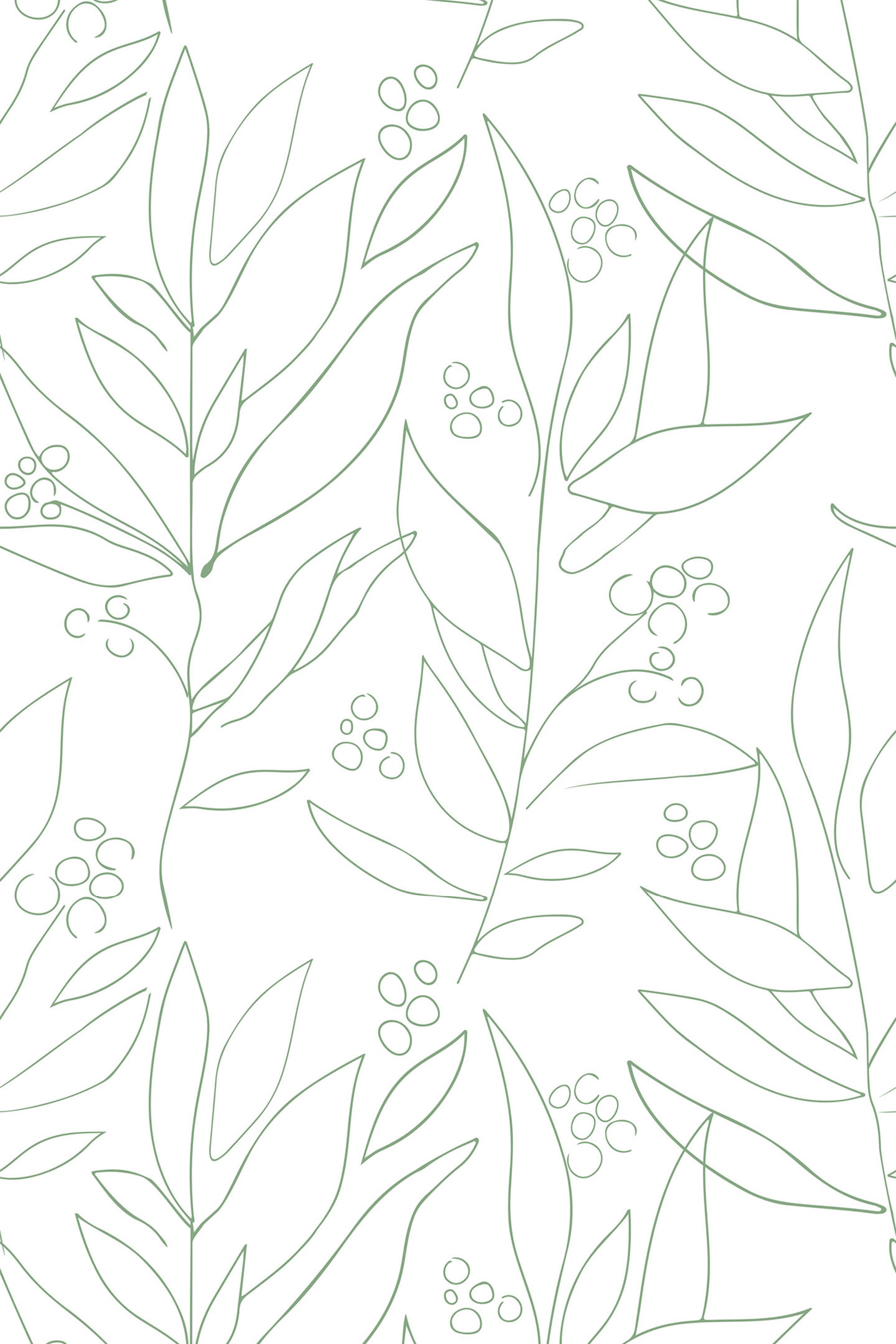 Line art leaves and clusters of berries in muted shades of green on a white background, peel and stick removable wallpaper.