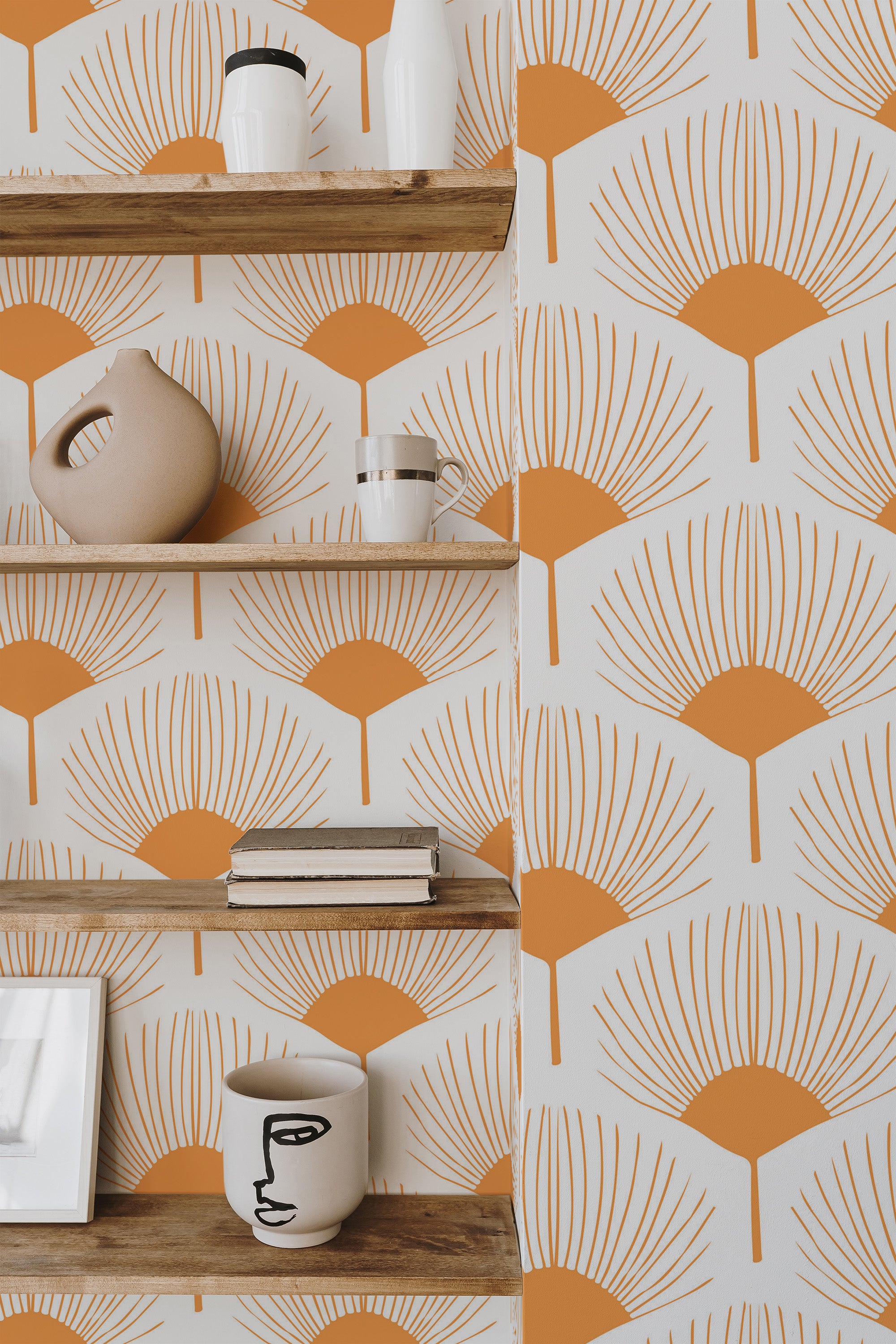 Self-adhesive abstract floral wallpaper with a retro fan-like orange and beige pattern, adding a modern touch to the room.