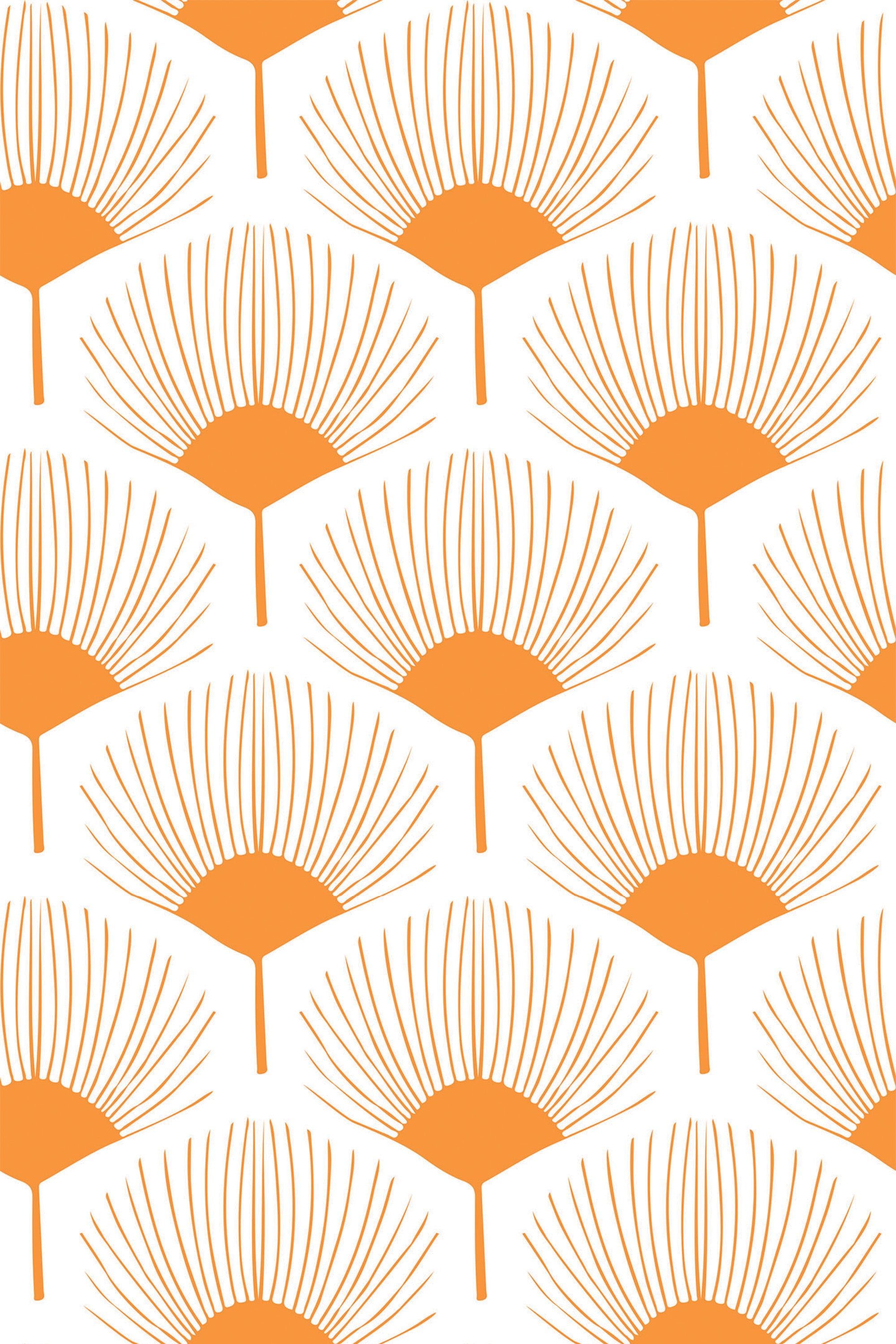 A repetitive pattern of orange, fan-shaped floral motifs with delicate lines on a white background. Peel and stick removable wallpaper.