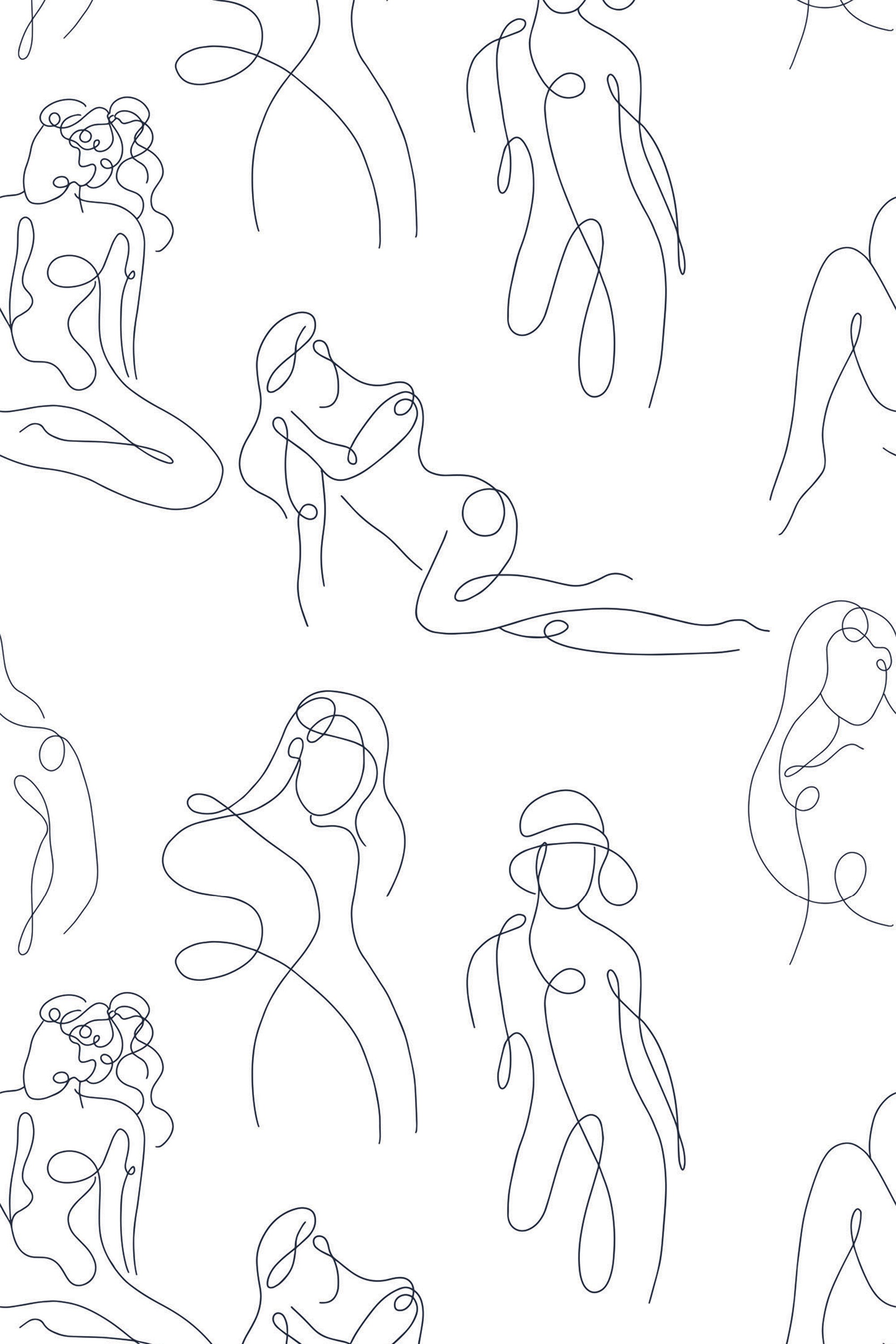 Continuous line drawings of abstract human figures in various poses against a white background. The design includes minimalistic and fluid lines, creating an artistic and modern look. **Peel and stick removable wallpaper.**