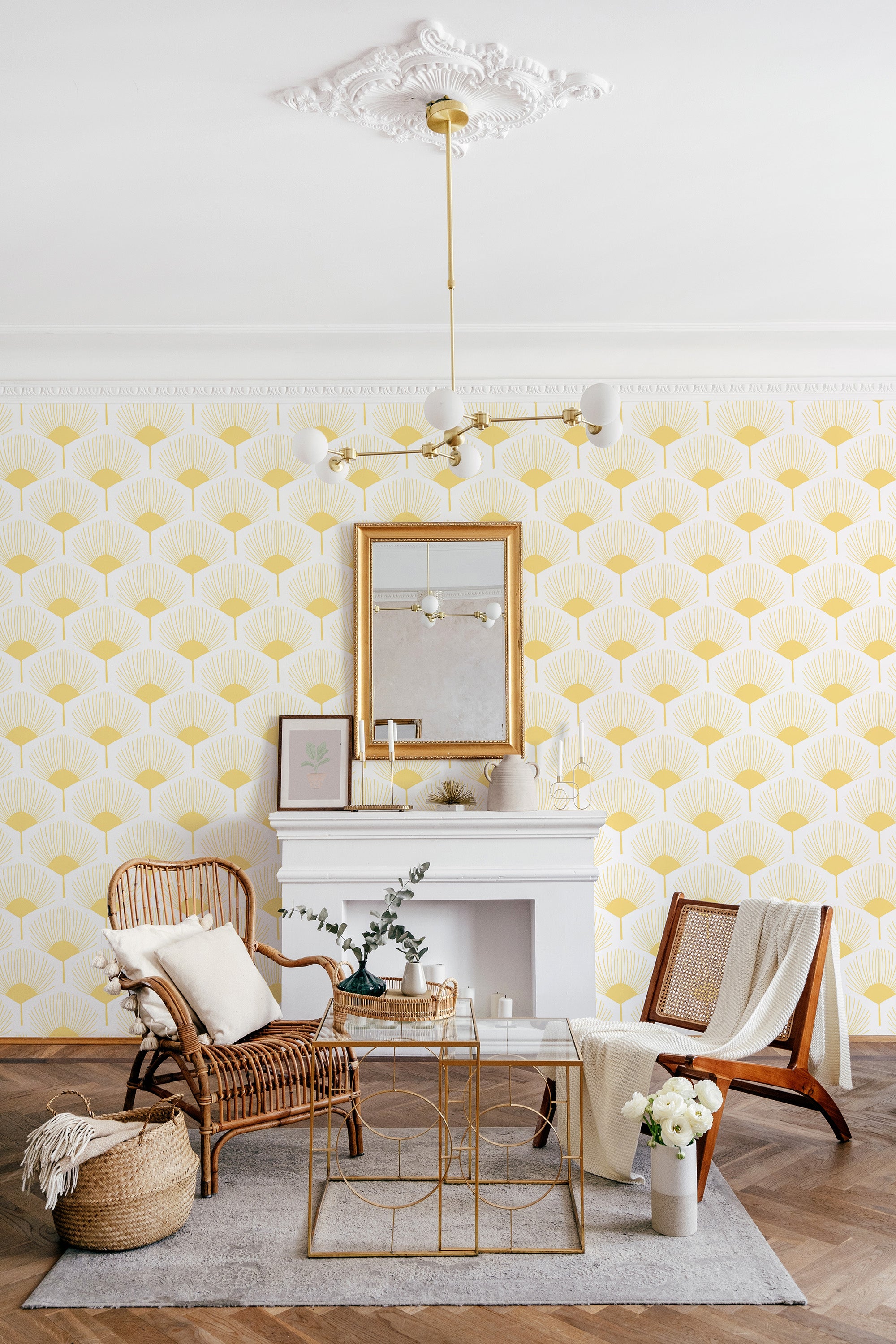 The room has a traditional wallpaper with an abstract botanical pattern, featuring stylized yellow fan-shaped leaves against a white background.
