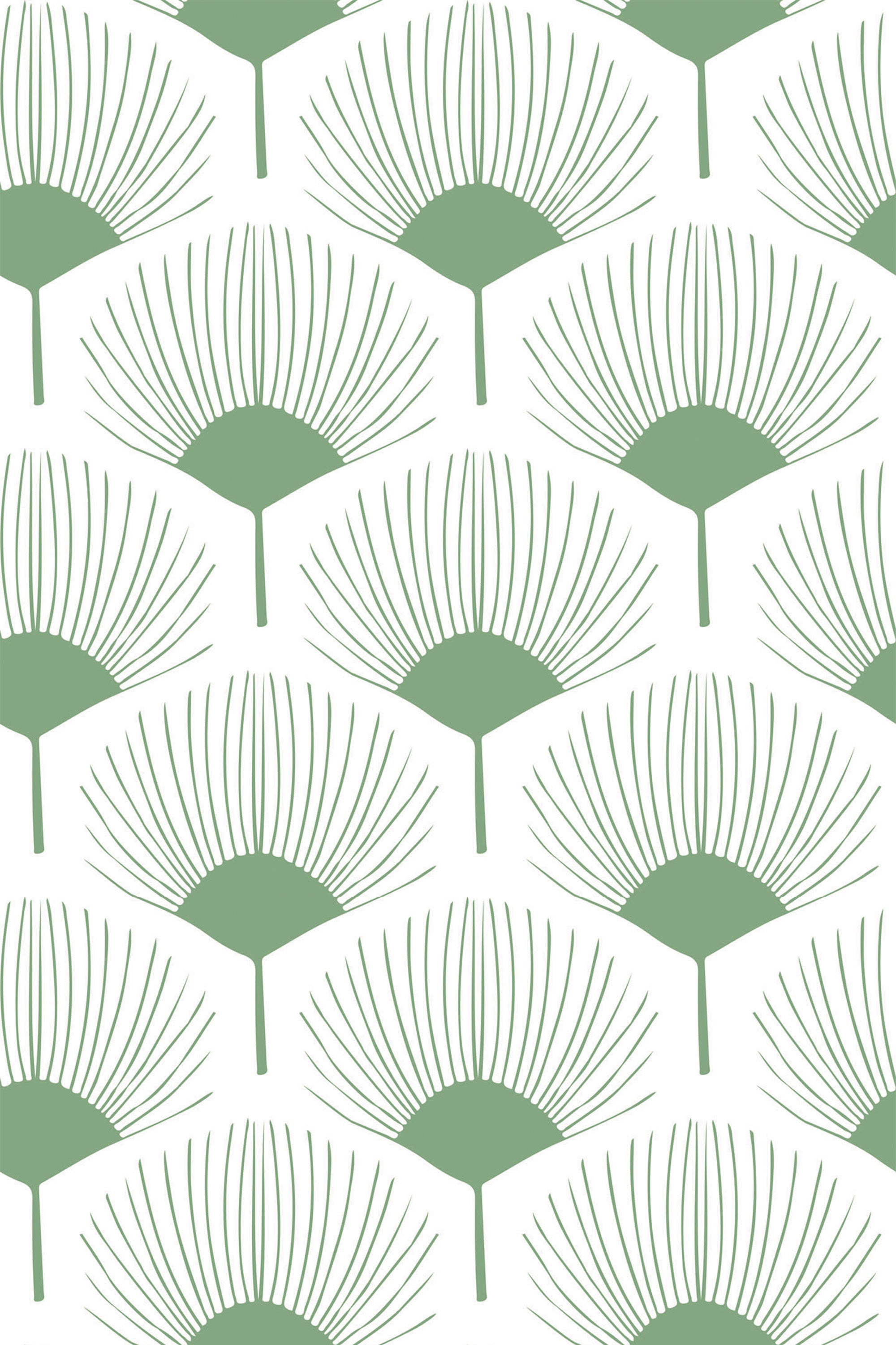 Green abstract floral pattern with fan-like shapes on a white background, peel and stick removable wallpaper.