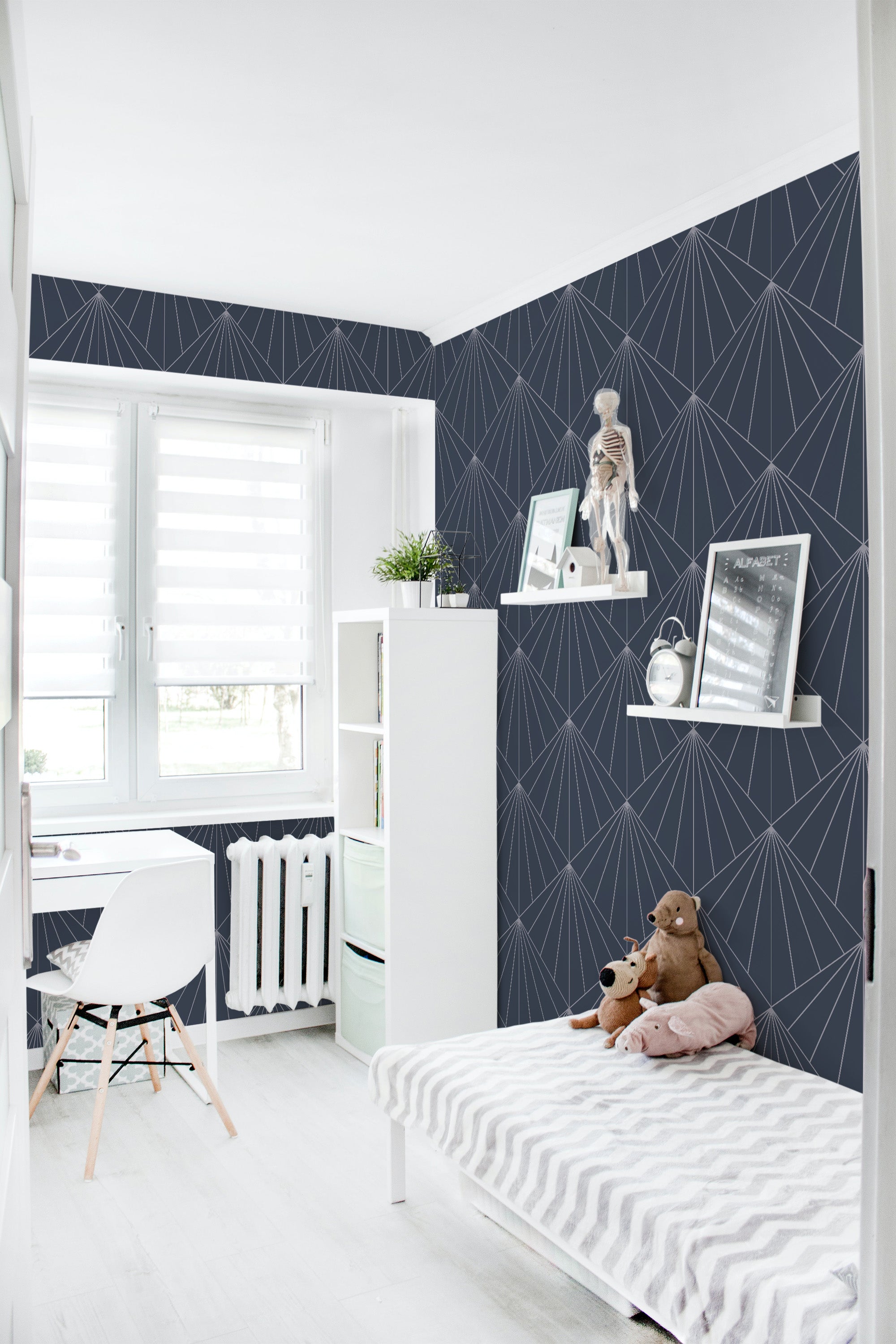 Art Deco-style wallpaper with geometric patterns of intersecting lines forming fan-like shapes on a dark background, creating a striking and sophisticated look. Traditional wallpaper.