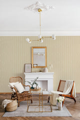 The wallpaper design uses a repeating pattern of vertical and horizontal lines forming elegant geometric shapes, adding a luxurious yet traditional feel to the room.