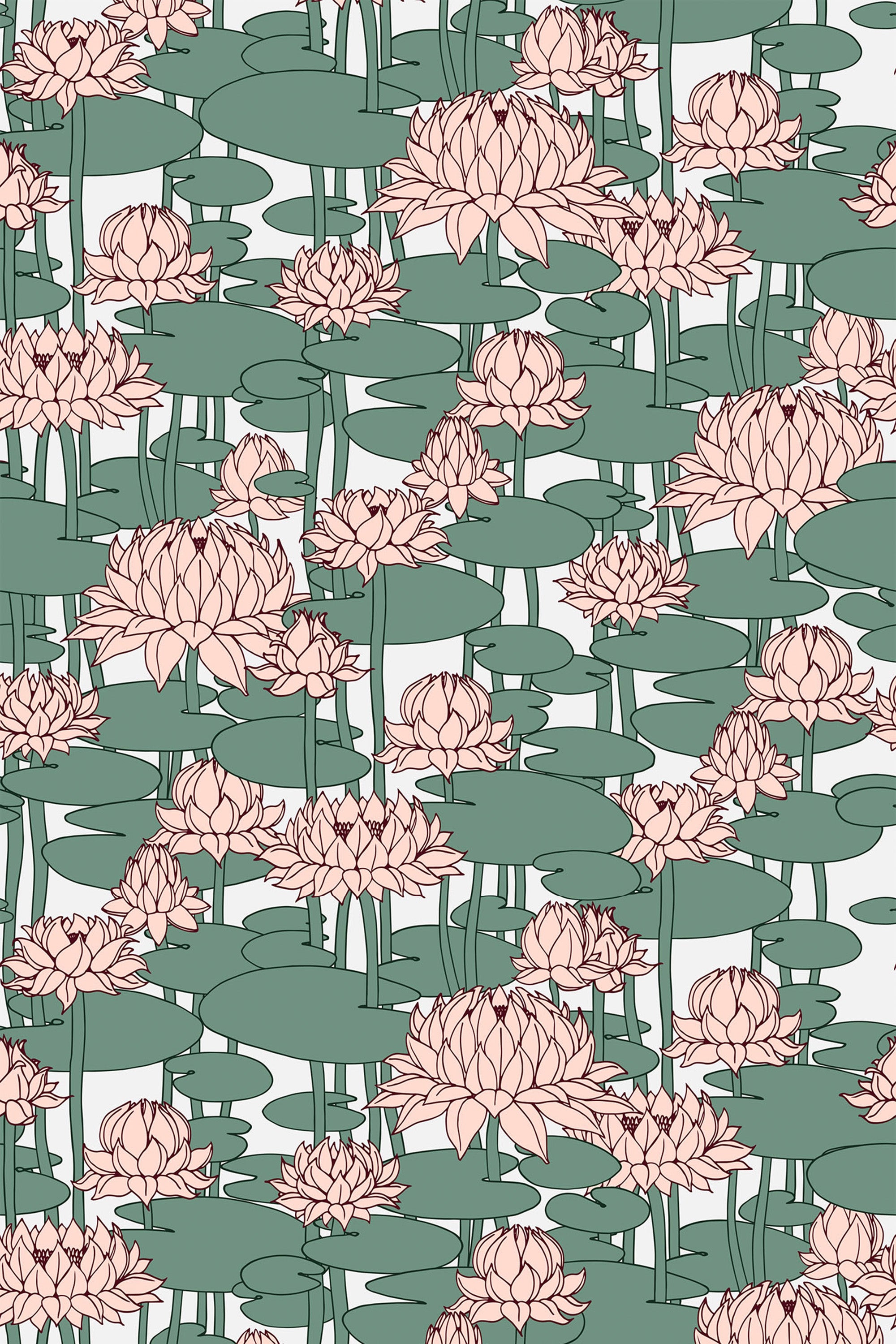 A repeating pattern of pink lotus flowers and green lily pads on a white background, creating a serene botanical design. Peel and stick removable wallpaper.