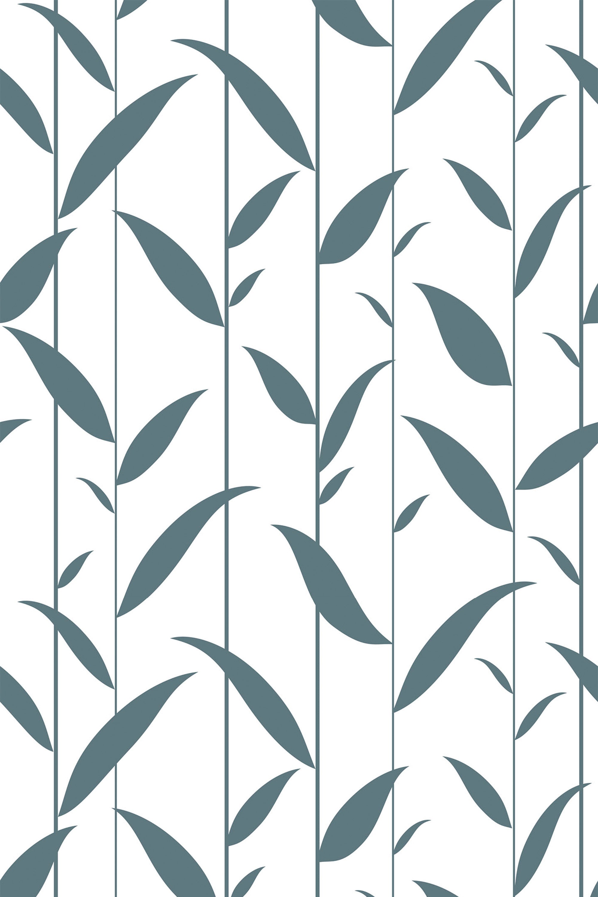 A minimalistic wallpaper pattern with stylized, vertical leaf motifs in dark teal on a white background, offering a modern, nature-inspired aesthetic. Peel and stick removable wallpaper.