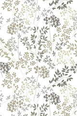 An elegant floral wallpaper with delicate branches, soft green leaves, and clusters of small flowers in muted tones. Peel and stick removable wallpaper.