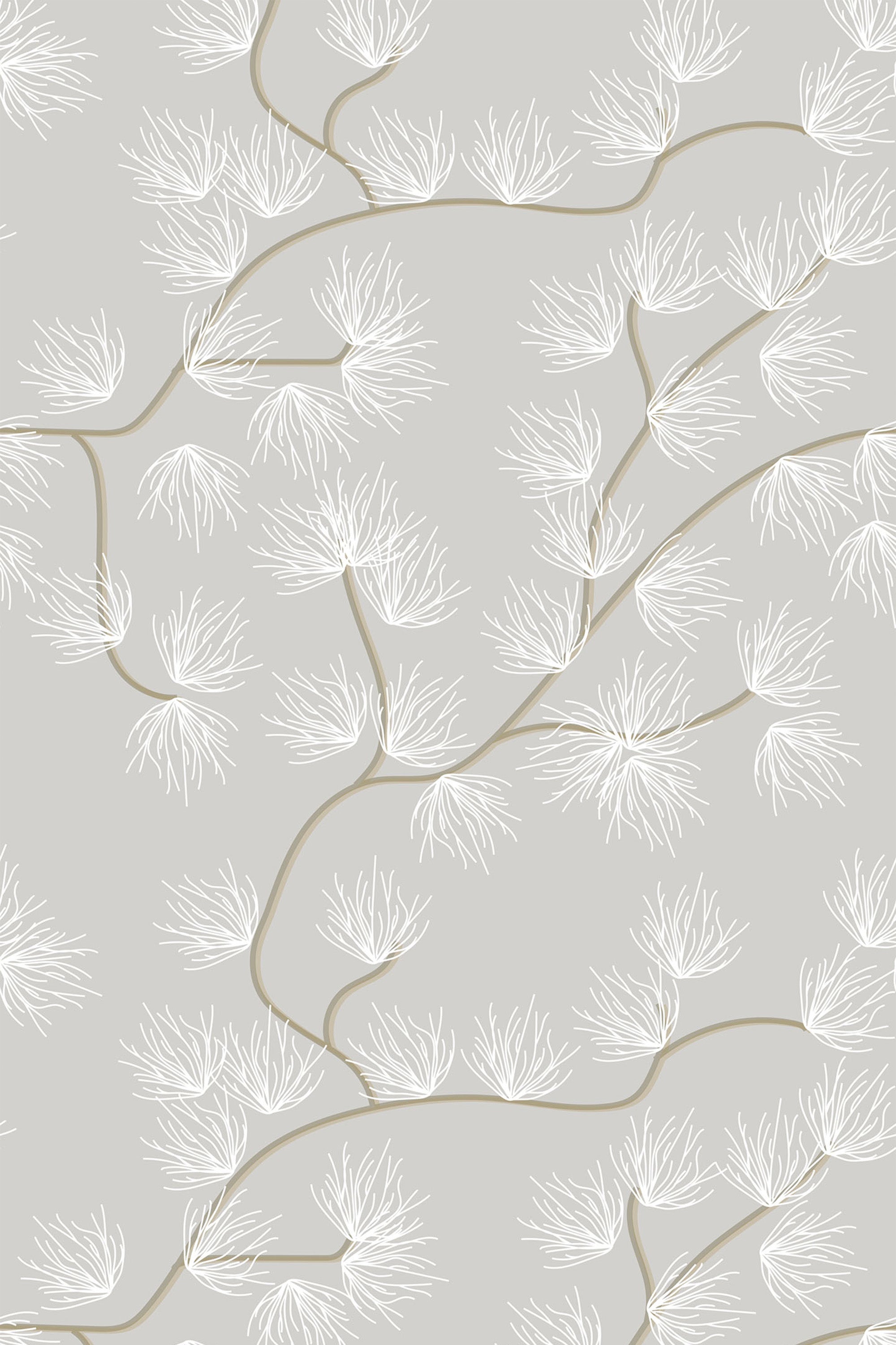 White, delicate, abstract tree branches with fine, feathery details intertwine on a light gray background. Peel and stick removable wallpaper.