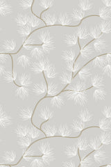 White, delicate, abstract tree branches with fine, feathery details intertwine on a light gray background. Peel and stick removable wallpaper.