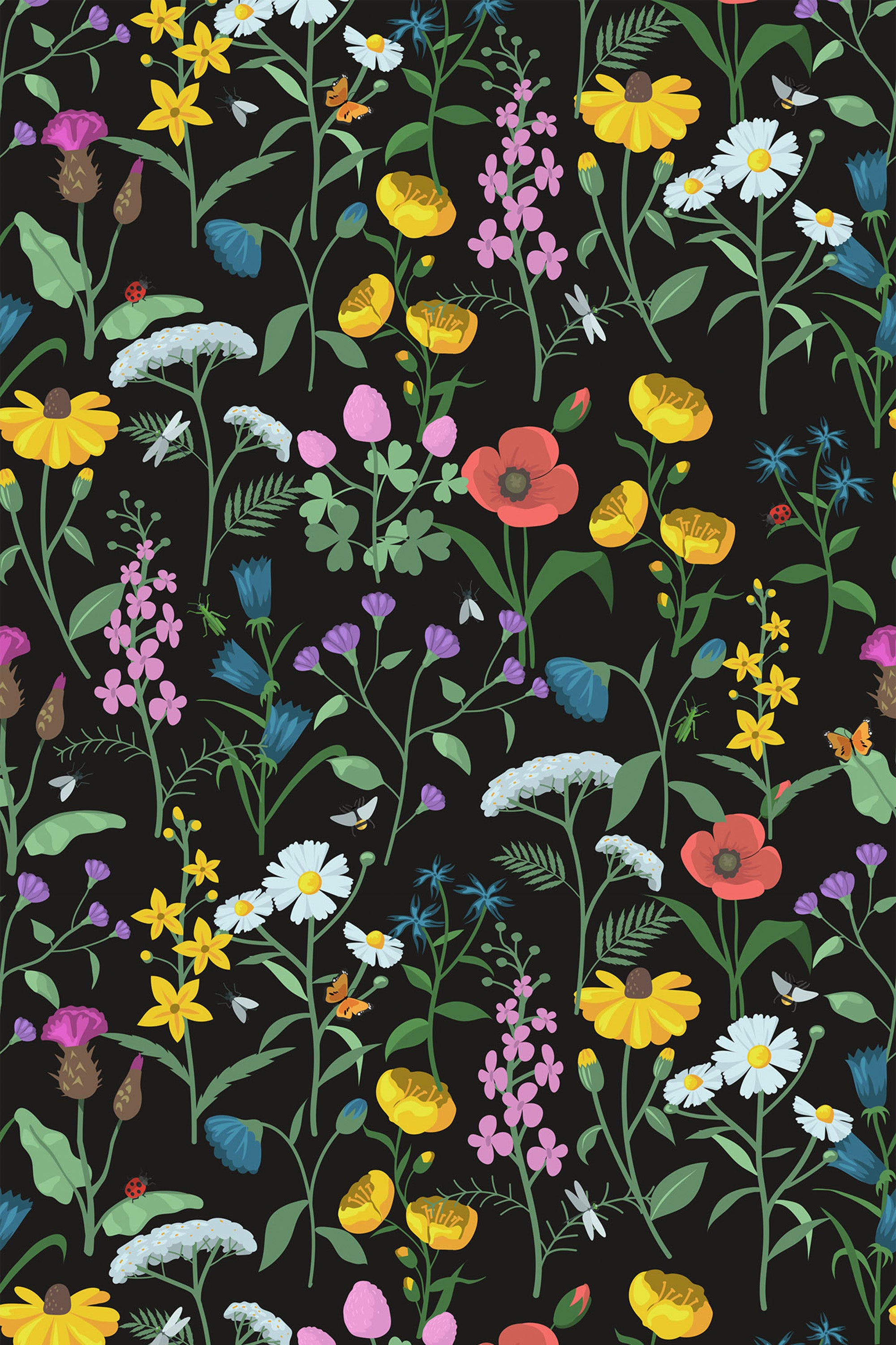 A vibrant pattern of colorful meadow flowers, including daisies, poppies, and wildflowers, set against a black background. Peel and stick removable wallpaper.