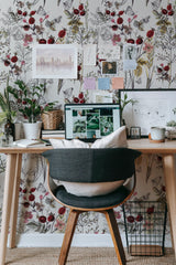 Self-adhesive wallpaper with a Butterfly design, featuring delicate butterflies among vibrant red flowers, green leaves, and intricate branches on a light background, creating a nature-inspired, lively atmosphere in the room.