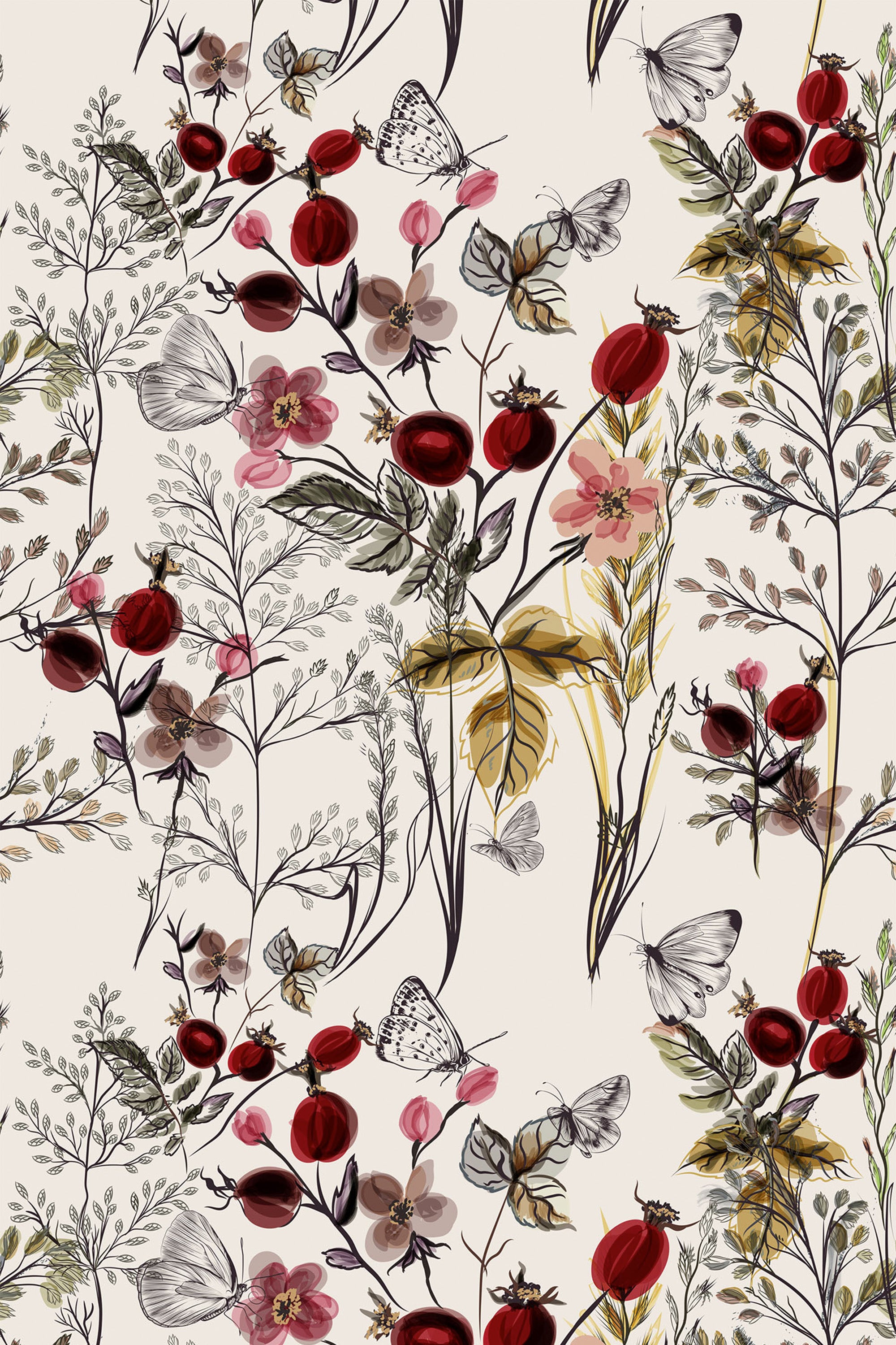 Elegant Butterfly design on cream-colored background with intricate floral patterns, delicate branches, and vibrant red berries entangled with butterflies in muted tones of gray and white. Peel and stick removable wallpaper.