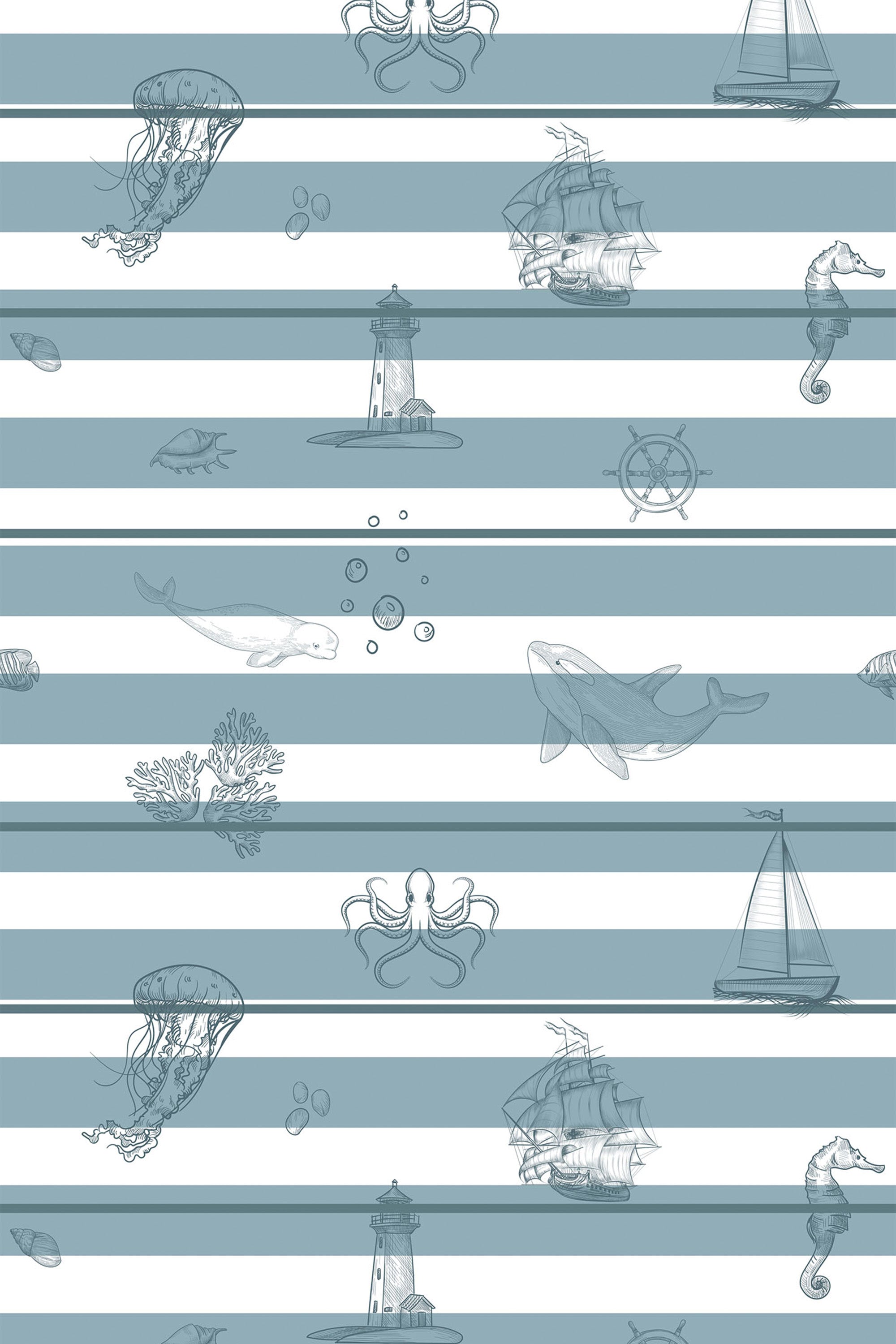 Nautical-themed wallpaper with alternating seafoam and white stripes, featuring hand-drawn elements like whales, jellyfish, ships, lighthouses, anchors, and octopuses. Peel and stick removable wallpaper.