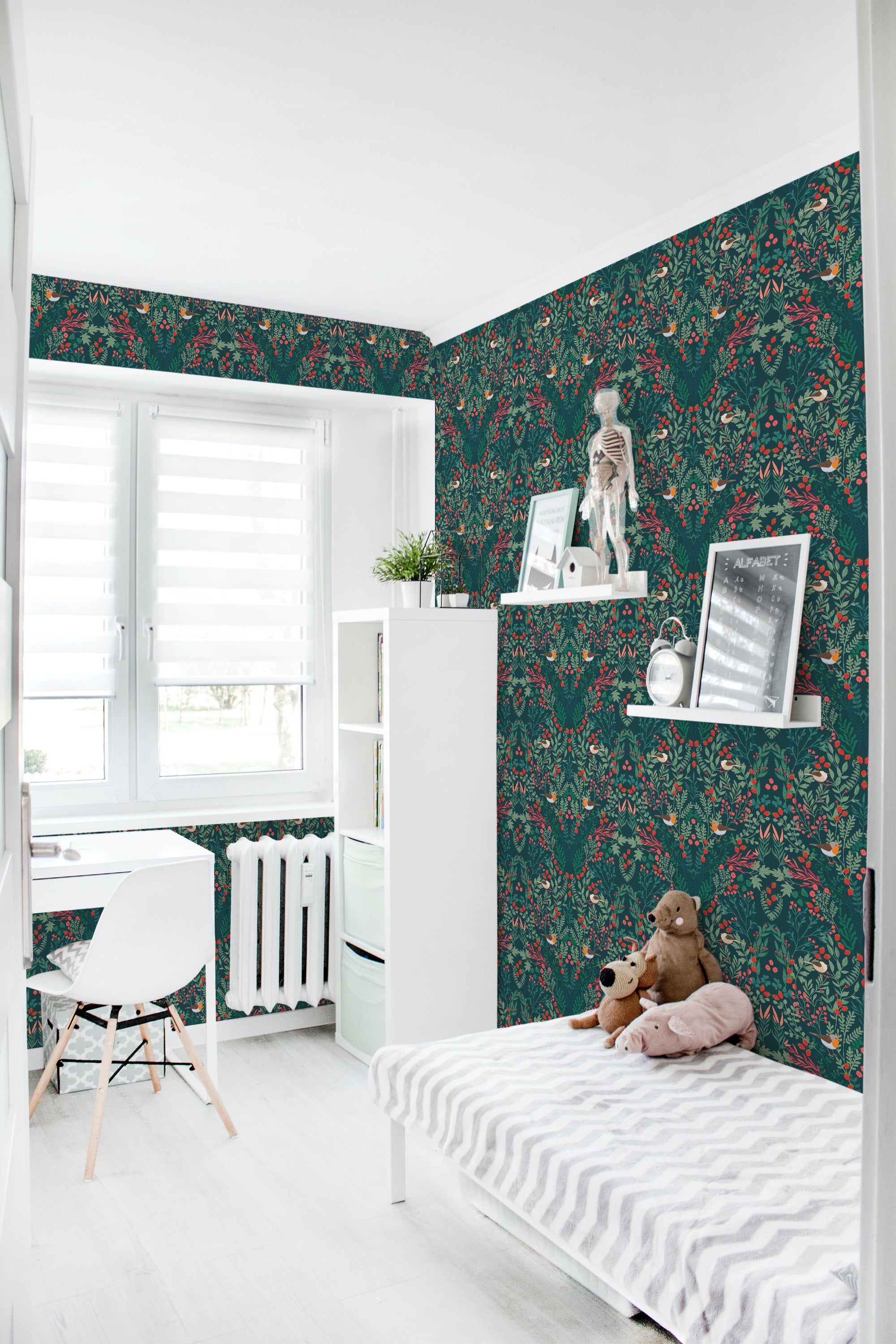 The wallpaper has a vibrant design with red strawberries and green leaves intricately patterned against a dark background, exuding a classic and rich botanical theme, traditional wallpaper.