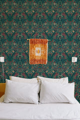 Self-adhesive wallpaper with a Strawberry design, characterized by intricate patterns of strawberries and leaves on a rich dark green background.